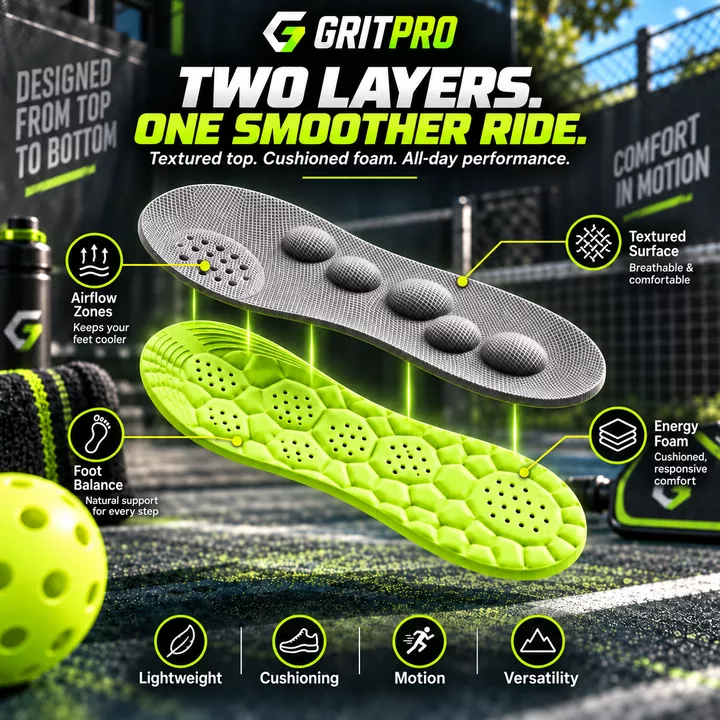 GritPro CloudSole: two layers, one smoother ride. Textured top, cushioned foam.
